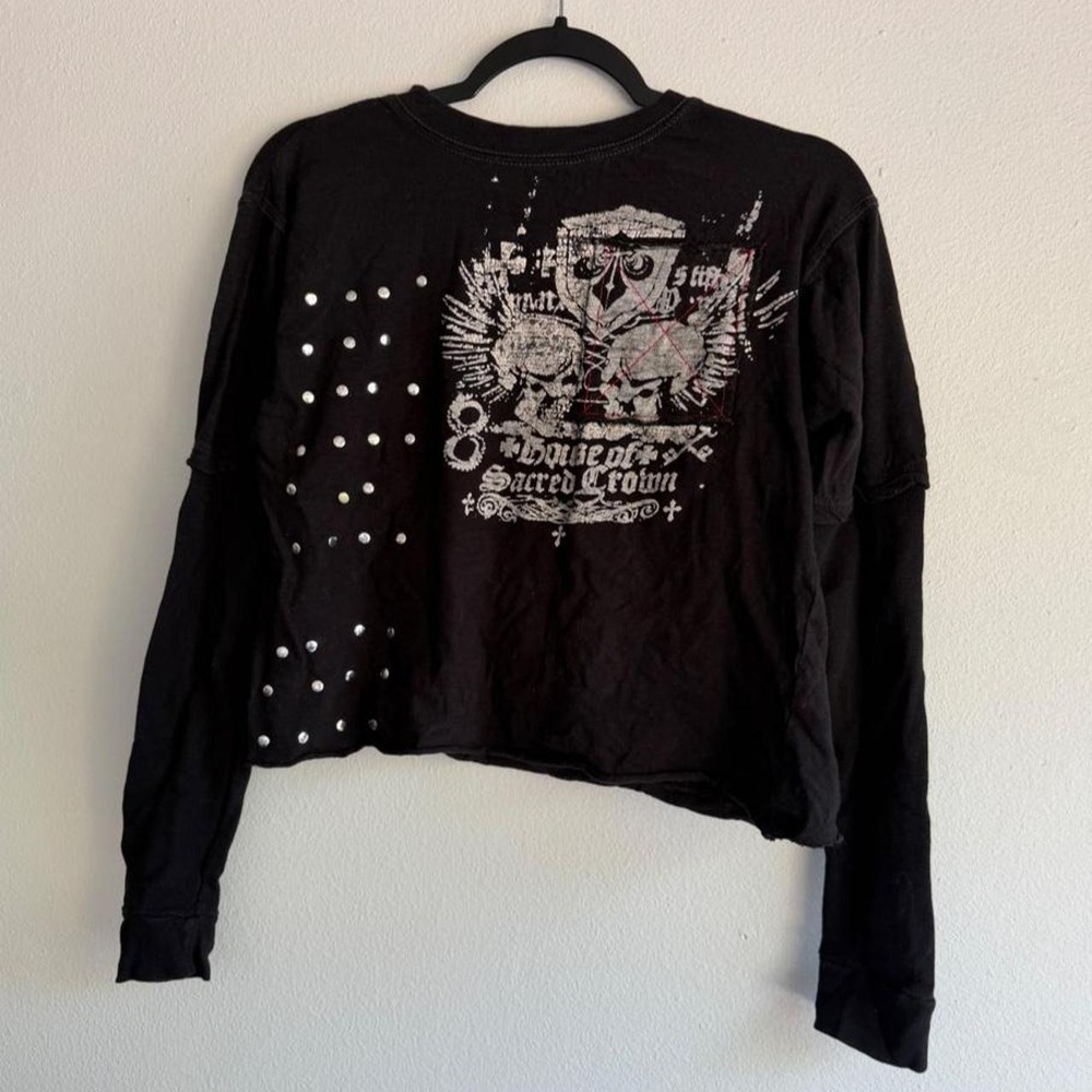 Y2k grunge emo Black cropped long sleeve shirt size M
